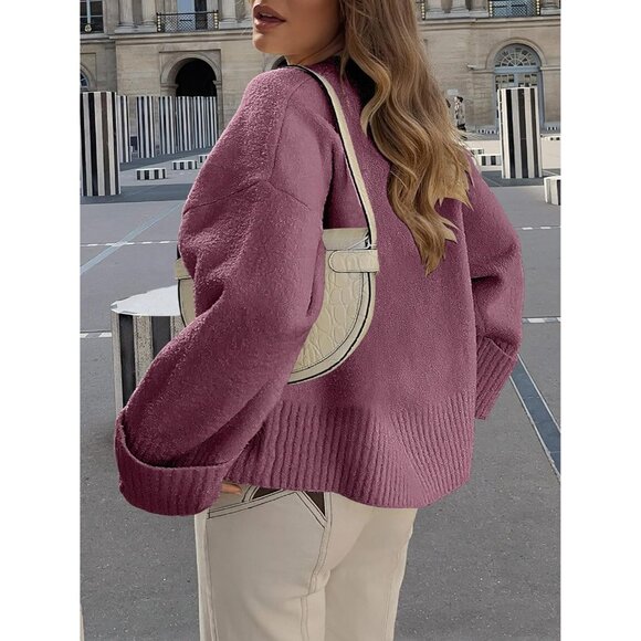 Womens Oversized Sweater Fuzzy Fuchsia Long Sleeve Casual Chunky Pullover Fall - Picture 8 of 9